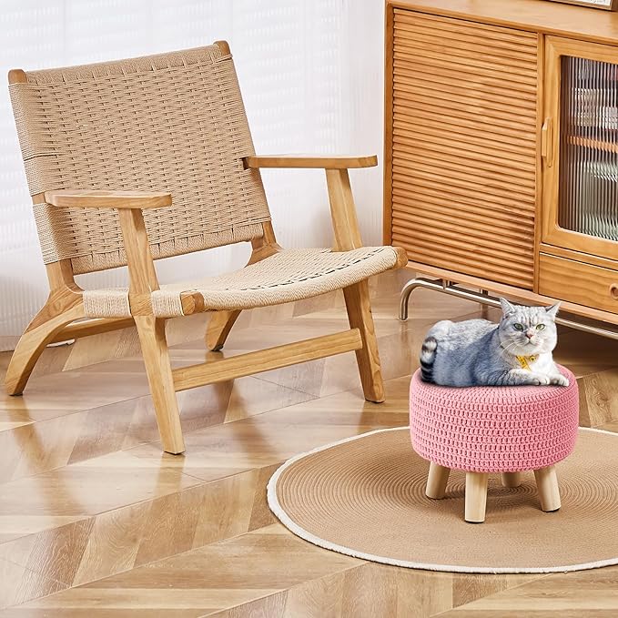 Wimarsbon Pouf Ottoman, 100% Cotton Knitted Boho Footstool, Round Footrest with Non-Skid Wood Legs, Home Décor Handmade Pouffe, Leisure Floor Step Stool for Living Room (Pink)