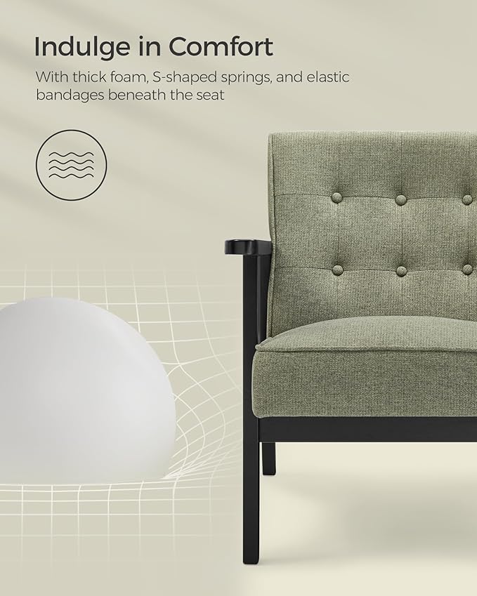SONGMICS Accent Leisure Chair, Mid-Century Modern Arm Chair with Solid Wood Armrests and Legs, 1-Seat Cushioned Sofa for Living Room Bedroom Balcony Studio, Olive Green ULAC001C01