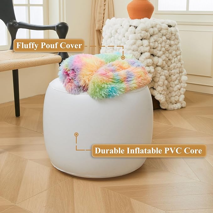 XeGe Fluffy Faux Fur Inflatable Pouf Ottoman, Soft Fuzzy Foot Stool, Plush Furry Foot Rest Floor Pouf Anti-Slip for Kids Girls Adult, Cute Foldable Ottoman Cushion Living Room Bedroom, Rainbow