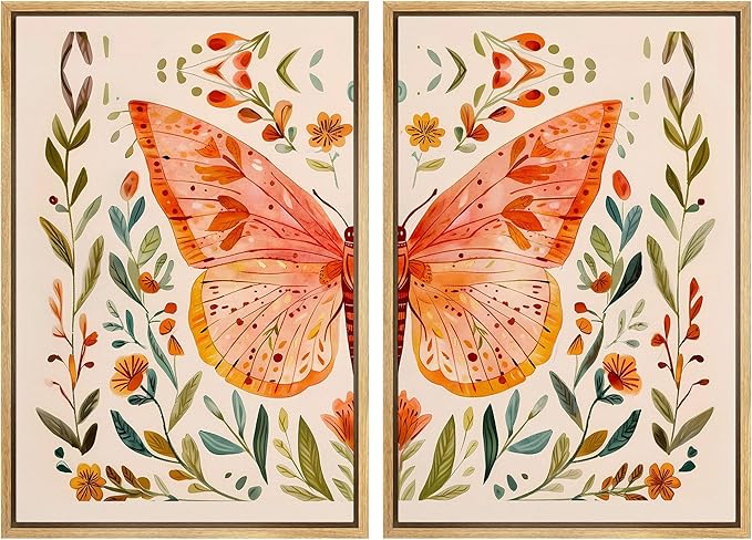 SIGNFORD Framed Canvas Print Wall Art Set Whimsical Butterfly and Florals Colorful Nature Illustration Modern Art Decorative Nordic Nature for Living Room, Bedroom, Office - 24"x36"x2 Natural
