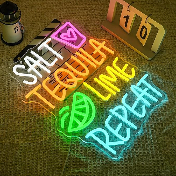 Salt Tequila Lime Repeat Neon Sign for Wall Decor Tequila Neon Light Letter LED Neon Sign Colorful Led Neon Light for Bar Shop Man Cave Kitchen Decoration