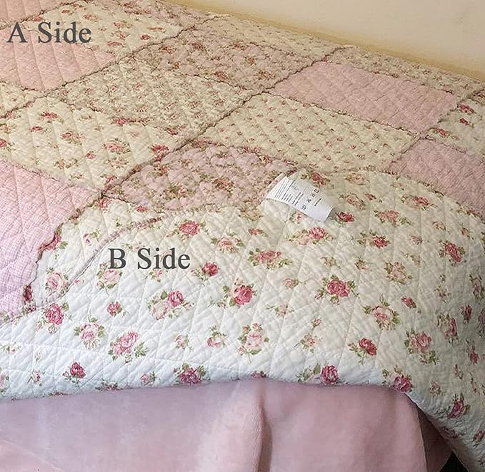 Cozyholy Original 100% Cotton Patchwork Quilt Full Queen Size Pink Floral Bedspread Coverlet Reversible Vintage Shabby Chic Quilted Throw Blanket Bed Quilt Cover for Couch Sofa