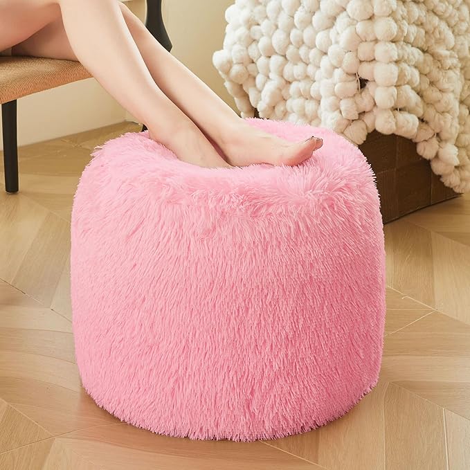 XeGe Fluffy Faux Fur Inflatable Pouf Ottoman, Cozy Shaggy Fuzzy Foot Stool, Plush Furry Foot Rest Floor Pouf Anti-Slip Kid Girl Adult, Foldable Round Ottoman Cushion for Living Room Bedroom, Pink