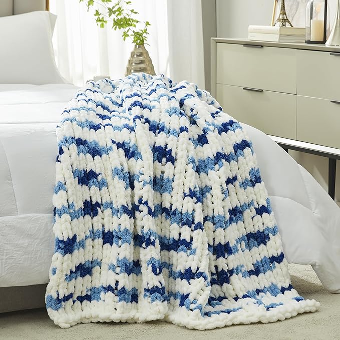 Amélie Home Chunky Knit Throw Blanket for Couch, Soft Chenille Crochet Blanket for Sofa, 50"x60", Space-Dyed Blue Striped