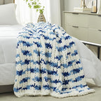 Amélie Home Chunky Knit Throw Blanket for Couch, Soft Chenille Crochet Blanket for Sofa, 50"x60", Space-Dyed Blue Striped
