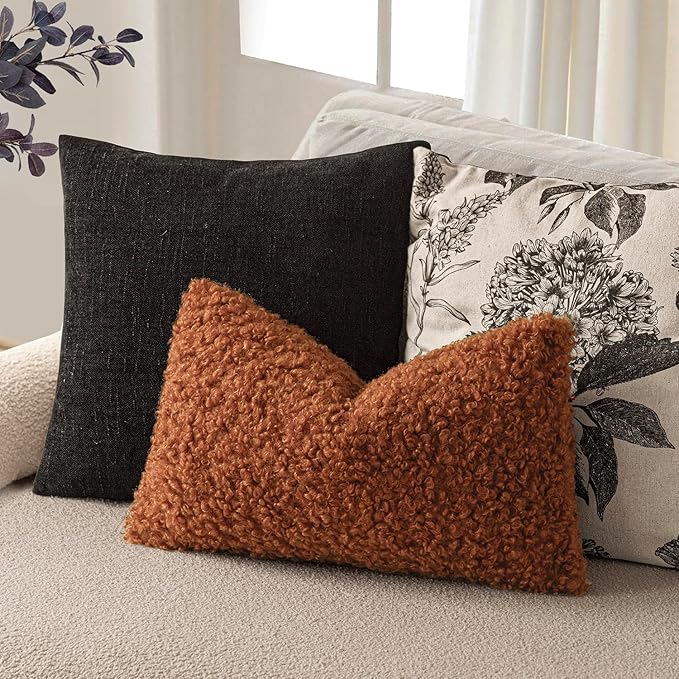 Foindtower Set of 2 Curly Teddy Wool Pillow Covers Decorative Boucle Textured Lumbar Throw Pillow Faux Fur Sherpa Pillowcases Sheepskin Fuzzy Cushion Case for Sofa Bedroom Car 12"x20" Burnt Orange