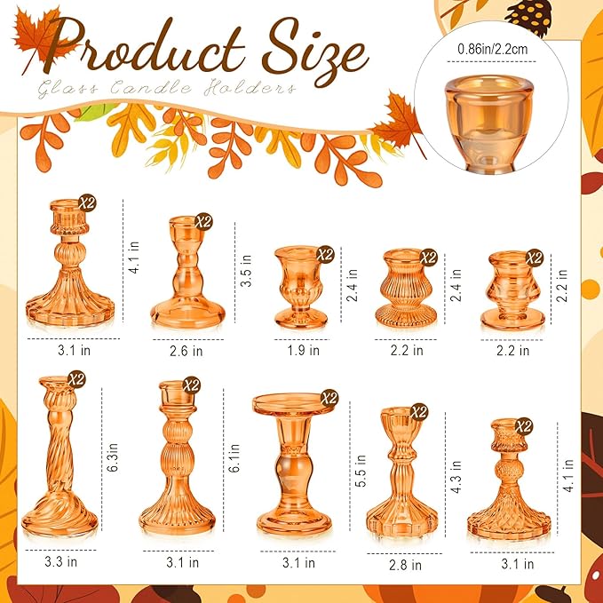 Mumufy 10 Pcs Glass Crystal Taper Candle Holders Clear Glass Candlestick Holder Fit 0.8 Inch Candles Crystal Decorative Candle Stand Centerpiece Table Wedding Dining Party (Classic,Orange)