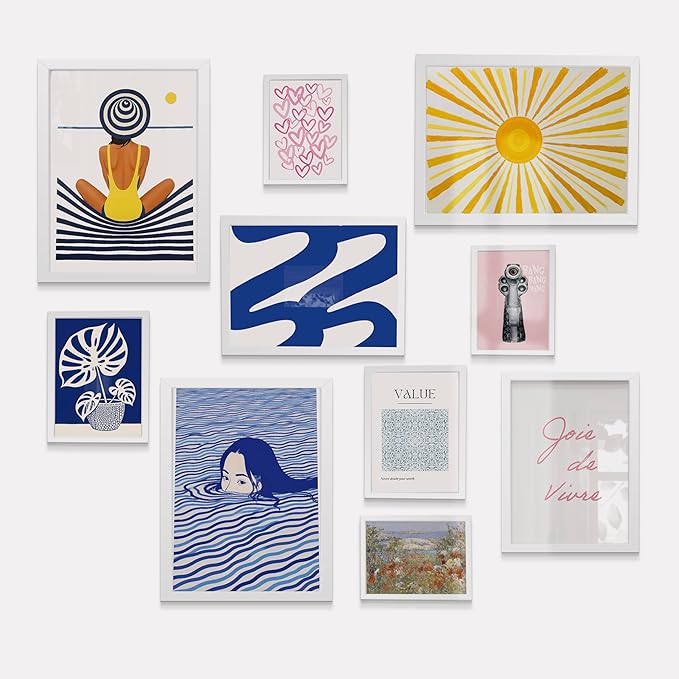 Maximalist Home Decor White Framed Wall Art, 10 pcs of Eclectic Wall Prints for Teen Girls Bedroom Decor, Maximalist Gallery Wall Art for Dorm Room