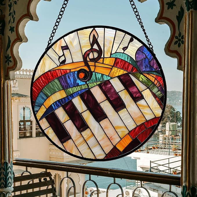 Stained Glass Window Hanging, Piano Notes Sun Catchers Glass Panel Suncatcher Decor for Birthday for Women, Men, Wife, Aunt, and Mom 14.9x14.9 in