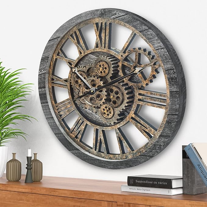 HOIBAI Wall Clock, Large Wall Clocks for Living Room Decor 18 Inch Battery Operated Silent Non-Ticking Modern Farmhouse Vintage Roman Big Wall Clock for Home Bedroom House Office, Moving Gears Clock