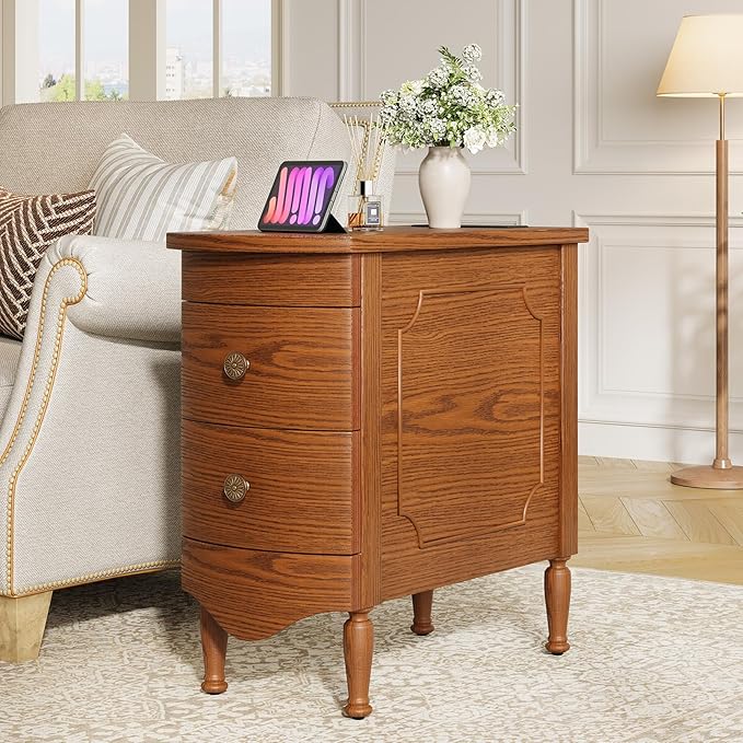 End Table with Charging Station, Narrow Side Table with 2 Drawer, Wood Sofa Side Table for Living Room, Vintage Slim Nightstand Bedside Table for Bedroom, Pre-Assembled (Dark Walnut)