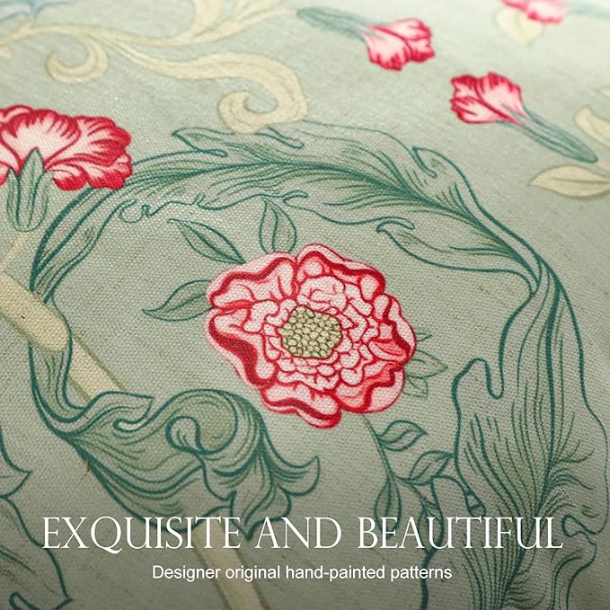 patdrea Designer Pack of 4 Throw Pillow Covers,French Vintage Rustic Linen with Green Floral Pattern Pillows Cover,Decorative Lumbar Square Pillowcases Cushion for Bed Living Room Outdoor Car