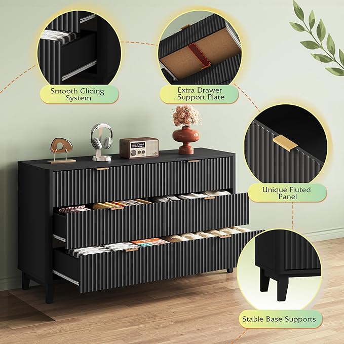 WLIVE Fluted Dresser for Bedroom with 6 Drawers, 54" Wide Wood Dresser with Golden Metal Handles, TV Stand for 65 inch TV, Mid Century Modern Chest of Drawers for Living Room, Hallway, Closet, Black