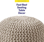 Pouf Ottoman Foot Rest Stuffed – 20” Diameter x 14” Tall Cozy Floor Pouf for Living Room, Bedroom, Nursery & More – 100% Cotton Knit Shell, EPS Bead Filled Footrest & Accent Chair, Beige