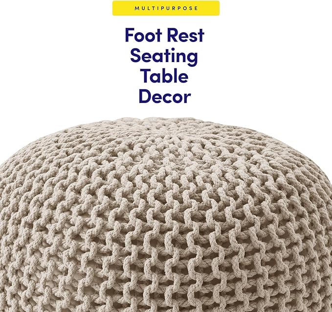 Pouf Ottoman Foot Rest Stuffed – 20” Diameter x 14” Tall Cozy Floor Pouf for Living Room, Bedroom, Nursery & More – 100% Cotton Knit Shell, EPS Bead Filled Footrest & Accent Chair, Beige