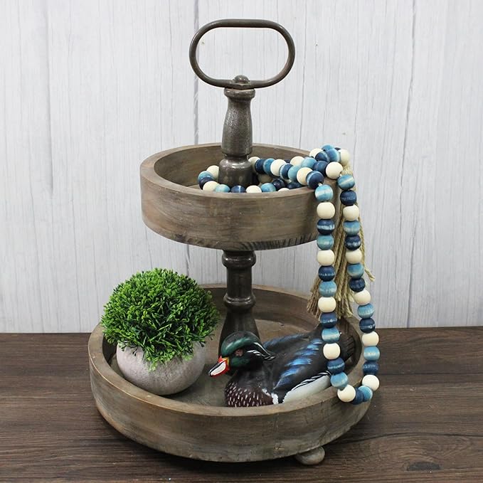 CVHOMEDECO. Wood Beads Garland with Tassels Farmhouse Rustic Wooden Prayer Bead String Wall Hanging Accent for Home Festival Decor. Blue Mix Distressed
