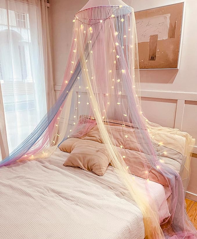 Comtelek Mosquito Net Bed Canopy for Girls,Rainbow Canopy Bed Curtains Full Queen Size from Ceiling,Dome Mosquito Netting Bed Tent Twin Girls Princess Canopy King Bed Decor