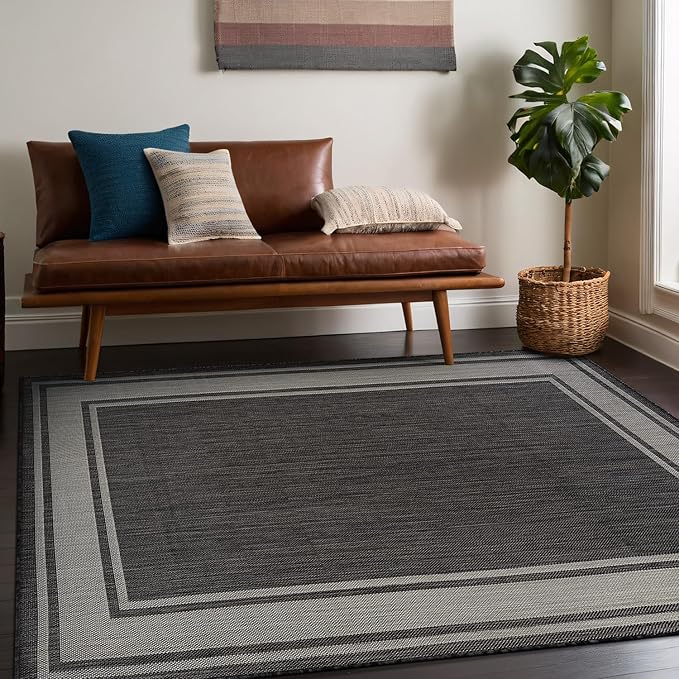 Beverly Rug Outdoor Rug 8x10 Modern Bordered Area Rugs for Indoor and Outdoor Patio Deck Porch Garden Waterproof Weather Sun Resistant Washable Outside Carpet (8 x 10 Dark Gray)