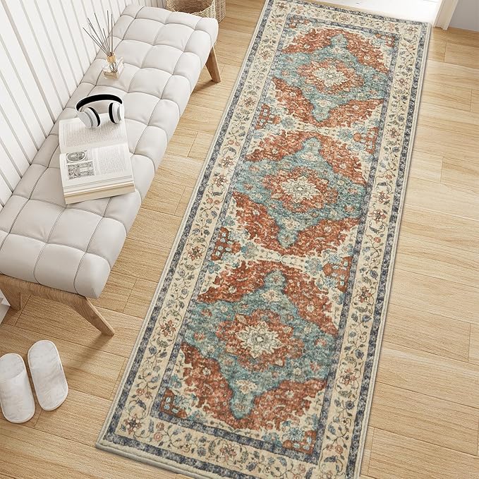 Topllen Runner Rug - 2'x6' Boho Washable Kitchen Rug, Non-Slip Soft Low Pile Rugs Indoor for Entrance Living Room Bedroom Bathroom,Vintage Throw Hallway Carpet Stain Resistance (Rust, 2x6ft)