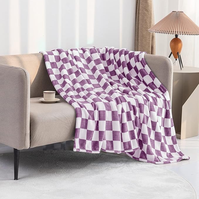 LOMAO Throw Blankets Flannel Blanket with Checkerboard Grid Pattern Soft Throw Blanket for Couch, Bed, Sofa Luxurious Warm and Cozy for All Seasons (Purple, 40"x50")