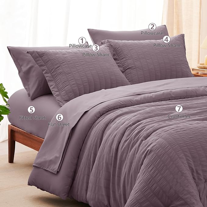 CozyLux Full Size Comforter Sets with Sheets Seersucker 7 Pieces Dusty Purple Bed in a Bag Textured Luxury Soft Bedding Set with Down Alternative Comforter, Sheets, Pillowcases & Shams for All Seasons