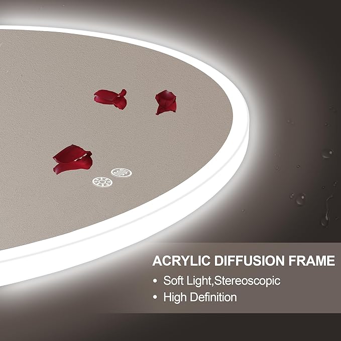 S·BAGNO 32'' Round Bathroom Mirror with Lights, LED Bathroom Vanity Wall Mirror with Anti-Fog, Stepless Dimmable, 3 Colors, Tempered Glass Lighted Vanity Smart Mirror for Bathroom(No Bluetooth)