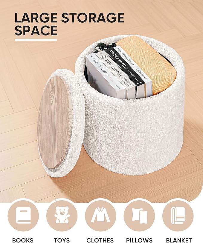 B FSOBEIIALEO Ottoman with Stroage, Round Sherpa Storage Ottoman Stool, Boucle Foot Rest 16.9"x16.9"x17.7"（White