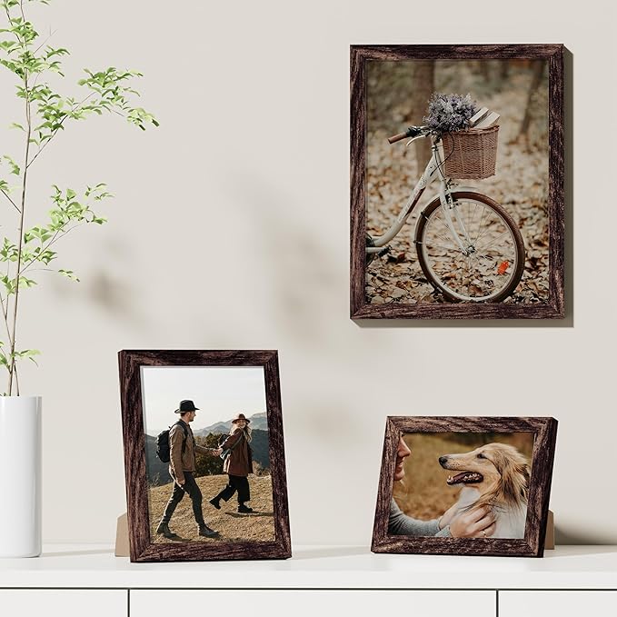 Vittanly 9x12 Picture Frames Set of 9, Shatter Resistant Plexiglass, Display 6x8 Pictures with Mat or 9x12 without Mat, Photo Frames for Wall or Tabletop, Engineered Wood, Brown