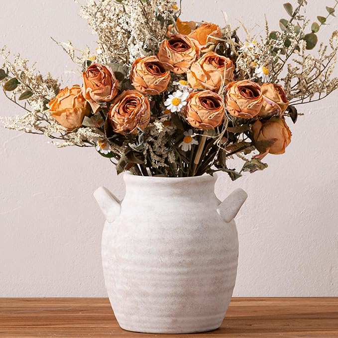 Ceramic Flower Vase Home Decor - Farmhouse Table Vases with Handle Living Room Decoration Vintage Decorative Aesthetic for Shelf Coffee Dining Desk House Bookshelf Fireplace (7.1" Rustic)
