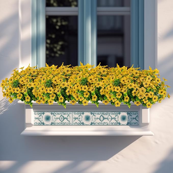 10 Bundles Artificial Faux Flowers for Outdoor,10Pcs Fake Flowers for Home Decor,Plastic Flowers Shrubs Lifelike Artificial Greenery Home Porch Stems Outside Decor(Yellow