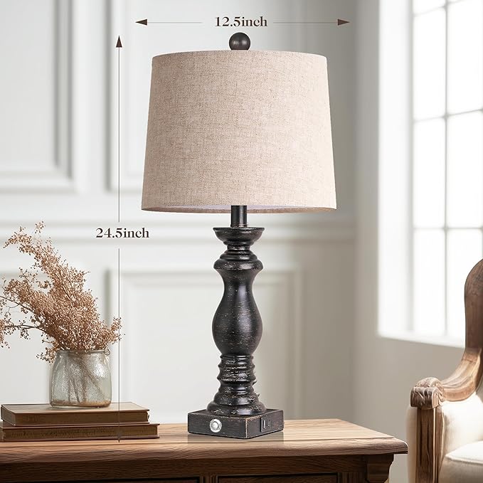 24.5" Table Lamp Set of 2, Rustic Farmhouse Bedside Lamps with USB A+C Charging Ports, 3-Way Dimmable Touch Control Nightstand Lamps for Living Room Bedroom, Antique Black, LED Bulbs Included