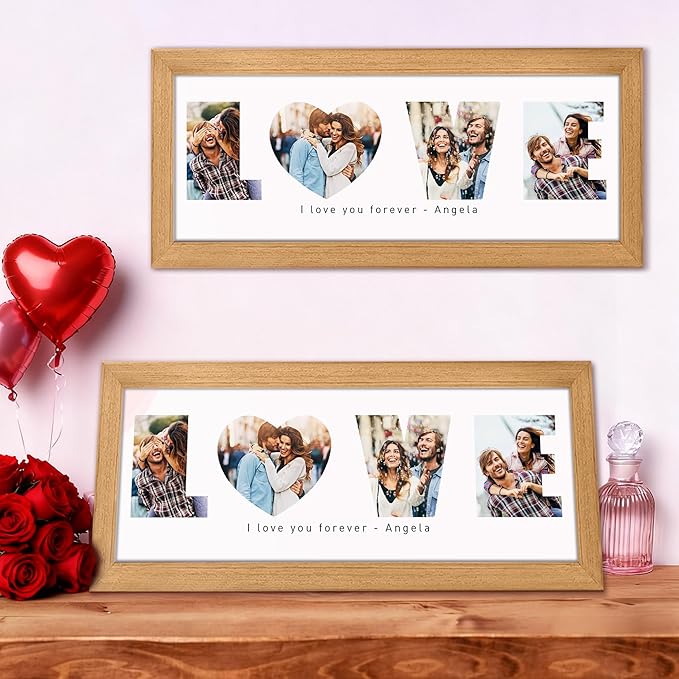 Gifts for Him/Her - Personalized Photo Frame with LOVE Letters Design, Natural Wood, Wall Mount or Tabletop Display, Gifts for Boyfriend Girlfriend Anniversary Birthday Valentine's