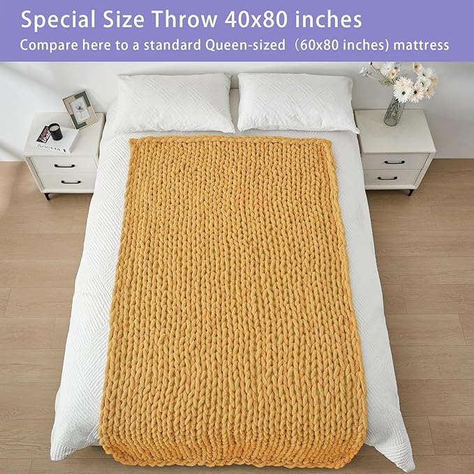 Bigacogo Chunky Knit Throw Blanket for Couch, 40x80 inches, 100% Hand Knitted with Thick Jumbo Chenille Yarn, Cozy Soft Large Rope Knot Cable Crochet Blankets for Sofa Bed Living Room, Mustard Yellow