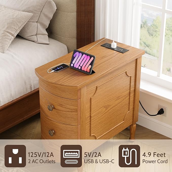 End Table with Charging Station, Narrow Side Table with 2 Drawer, Wood Sofa Side Table for Living Room, Vintage Slim Nightstand Bedside Table for Bedroom, Pre-Assembled (Light Walnut)