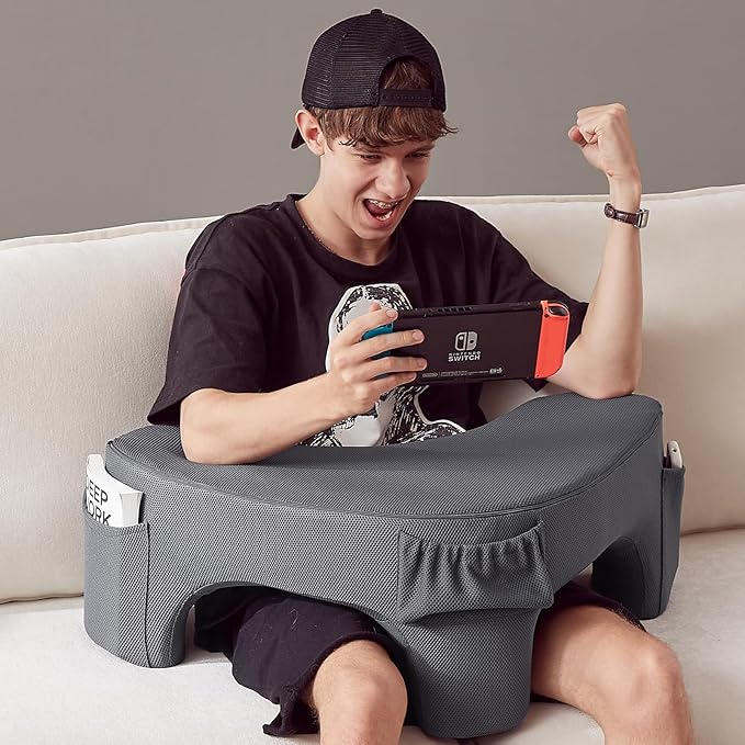 Lap Desk Pillow for Laptop, Reading Pillow for Gaming with Pockets, Soft Lap Desk for Couch, Memory Foam Laptop Pillow for Working, Crocheting or Sitting in Bed Sofa(Dark Grey)