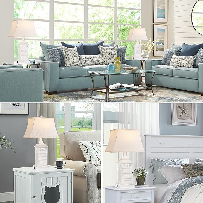 Table Lamps for Living Room Set of 2, Coastal White Bedside Lamps for Bedroom with USB A+C Outlet Modern Resin 3-Color Temperature Nightstand Lamp for End Table (Bulbs Included)