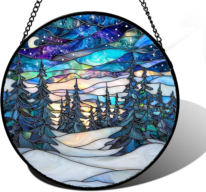 Stained Glass Window Hanging, Starry Sky Trees and Snow Sun Catchers Glass Panel Blue Suncatcher Decor for Birthday for Women, Men, Wife, Aunt, and Mom 11.8x11.8 in