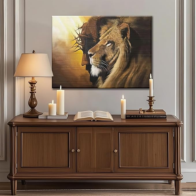 Fantasy Artists Framed Jesus Christ Canvas Wall Art The Lion of Judah Christian Painting Prints Biblical Wall Decor Religious Room Decor for Church Prayer Room Christian Schools Hospitals 12" x 16"