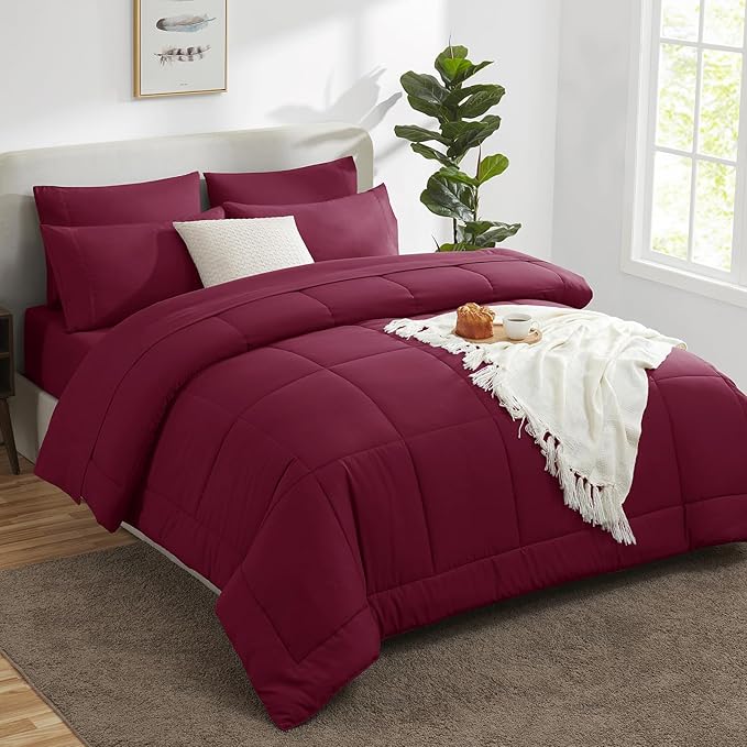 CozyLux Queen Comforter Set Burgundy, 7 Pieces Bed in a Bag, Red Comforter Queen Size, All Season Bedding Sets with Stitch Quilted Comforter, Flat Sheet, Fitted Sheet, Pillowcases