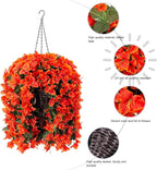 Bougainvillea Artificial Fall Flowers Fake Plants for Outdoors Autumn Decoration, 3PCS Faux Silk Hanging Trailing Vines with Baskets UV Resistant Realistic for Front Door Porch Patio Balcony, Orange