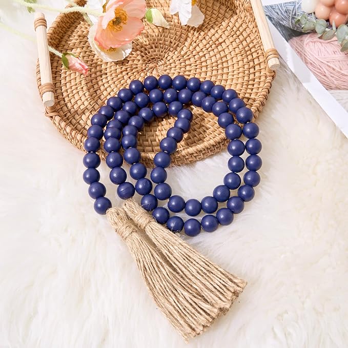 OMISHE 59in Wood Bead Garland with Tassels, Decorative Beads, Farmhouse Wooden Beads Garland for Wall Hanging Home Festival Decor, Navy Blue