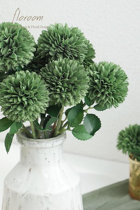 Floroom 12pcs Emerald Green Faux Silk Mums Artificial Flowers Bulk Fake Chrysanthemums with Stems for DIY Wedding Table Centerpieces Floral Arrangements Vase Fillers Home Decorations