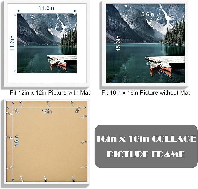 16x16 Square Frame Set of 3 - Display 12x12 Photo with Mat or 16 x 16 Poster without Mat, Wall Mounting Horizontal and Vertical, White