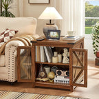 Farmhouse End Table with Charging Station Set 2, 24" Large Sofa Side Table with Glass Barn Door, Nightstand with Adjustable Storage Shelf,Wood Square Bedside Table for Living Room,Bedroom