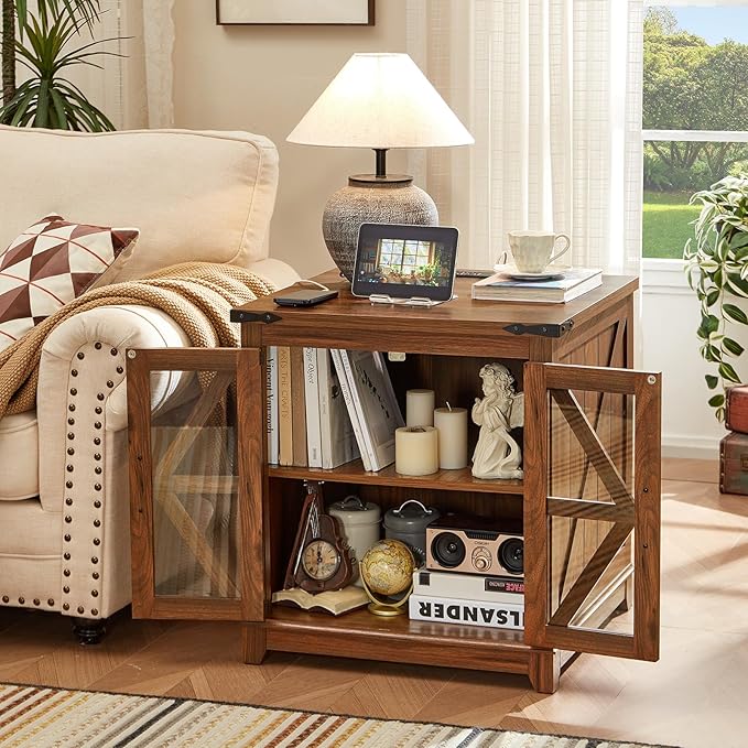 Farmhouse End Table with Charging Station, 24" Large Sofa Side Table with Glass Barn Door, Nightstand with Adjustable Storage Shelf,Wood Square Bedside Table for Living Room,Bedroom