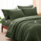CozyLux Full Size Comforter Sets with Sheets Seersucker 7 Pieces Olive Green Bed in a Bag Textured Luxury Soft Bedding Set with Down Alternative Comforter, Sheets, Pillowcases & Shams for All Seasons