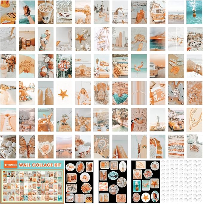 TRAMIN Peach Beach Posters, Wall Art Print for Room, Boho Style Collage Kit Aesthetic Pictures, 100 Pcs, Teal Color Room Decor for Girls, Dorm Photo Display