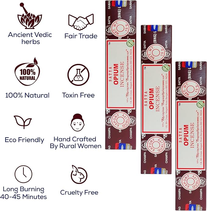 Satya Opium Incense Sticks, Satya Bng (Bangalore) Insenses 15gmx12 Pack with Raajsee Incense Holder Bundle, Satya Nagchampa Natural Incense