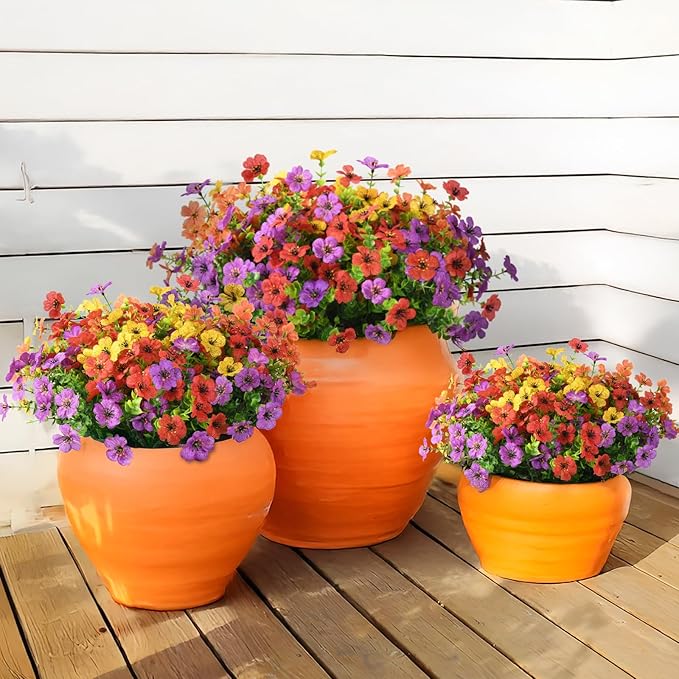 INQCMY Artificial Flowers for Outdoors Faux Plants Fake Flowers Spring Summer Decoration,12 Bundles Faux Silk Colorful Daisy Realistic UV Resistant for Outside Home Planter Window Porch Patio Yard