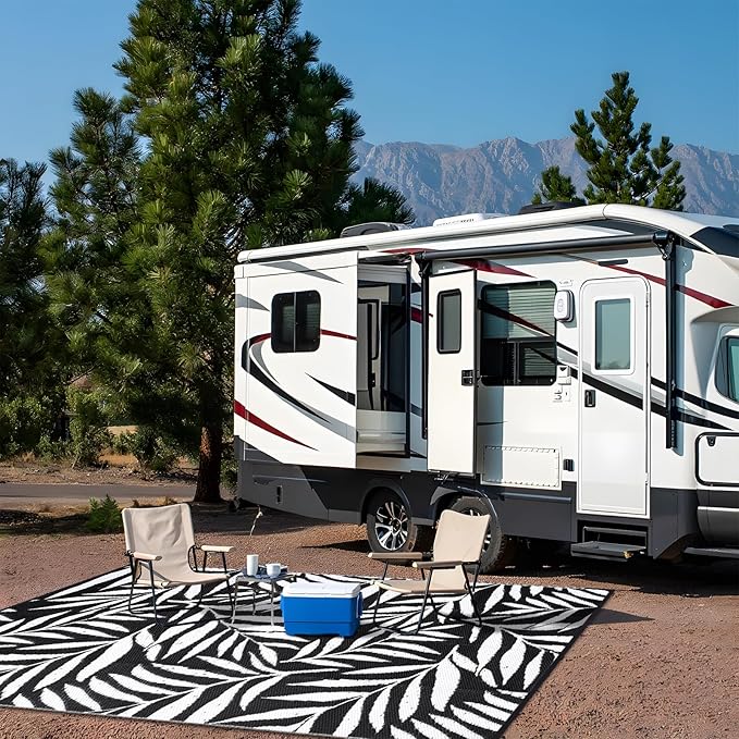 OLANLY Waterproof Outdoor Rug 9x12 ft, Reversible Outdoor Plastic Straw Rug with Leaf Pattern, RV Mat, Indoor Outdoor Carpet for Patio, Camping, Balcony, Deck, Backyard, Black & White